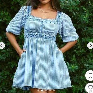 American eagle navy white striped puff sleeve peasant mini dress M